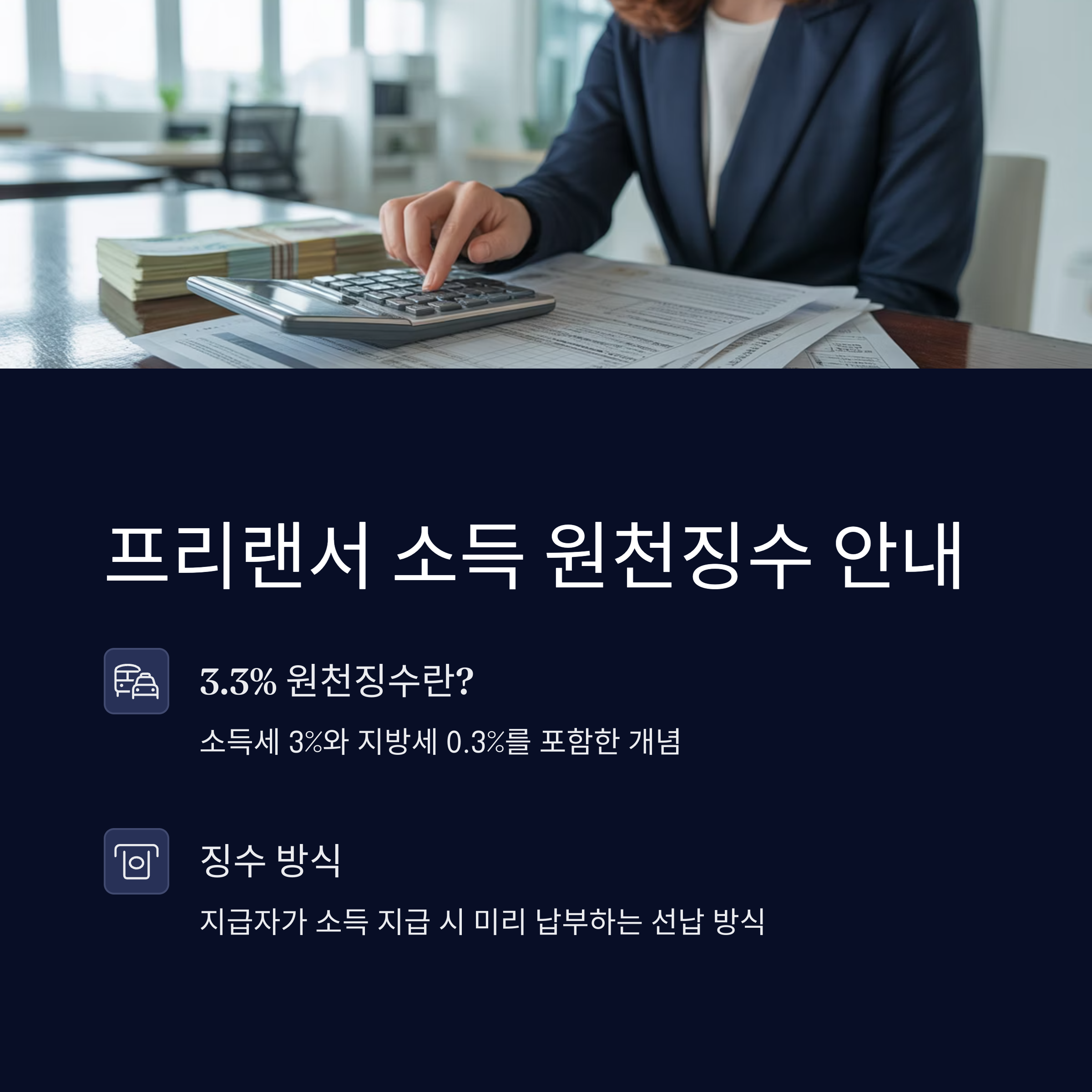 프리랜서 소득에 적용되는 3.3% 원천징수는 소득세 3%와 지방세 0.3%를 포함한 개념으로, 지급자가 선납하는 방식입니다.