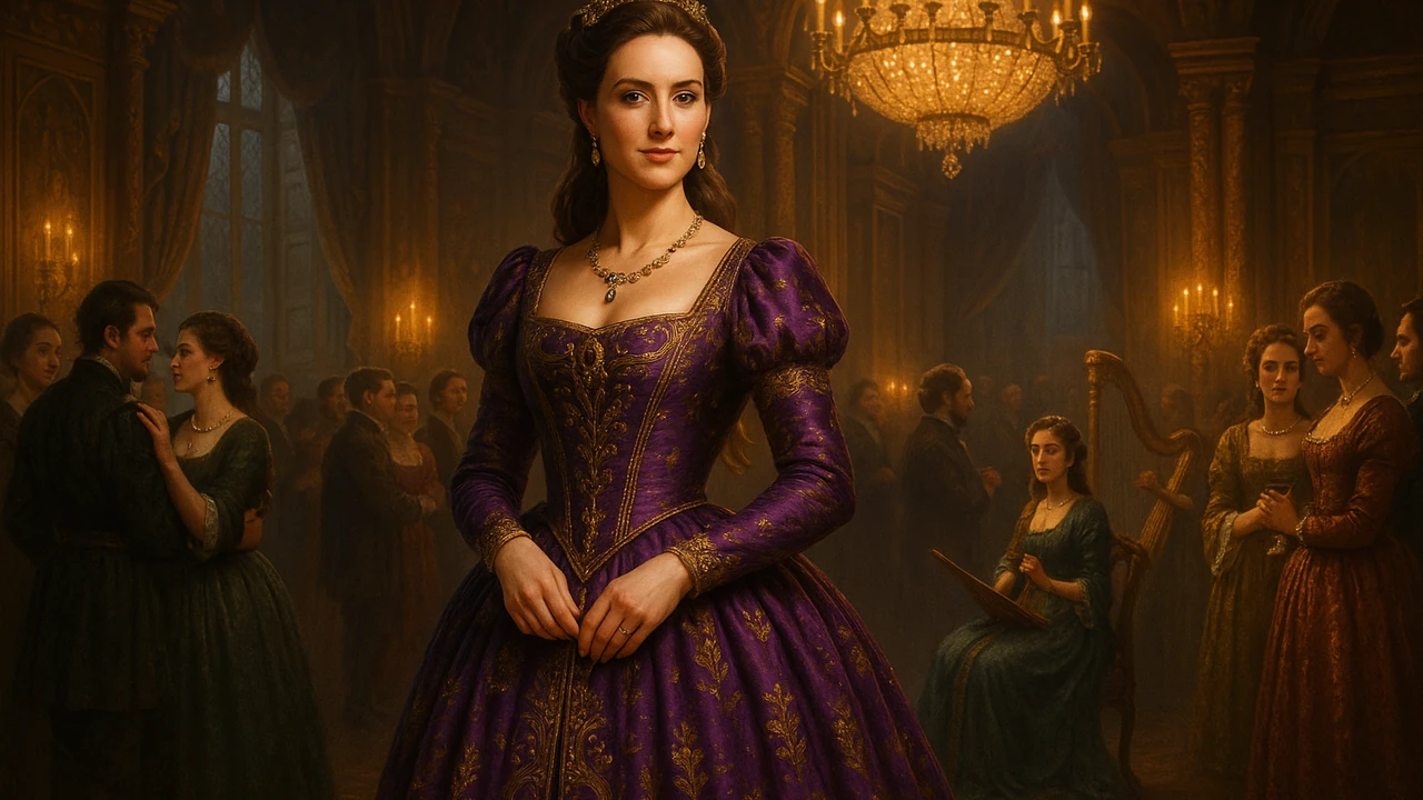 화려한 중세 귀족 사회 배경과 당당한 여성 주인공 피렌티아의 모습을 보여주는 일러스트