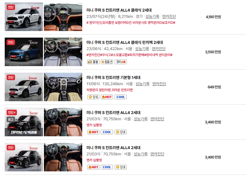 미니 컨트리맨 중고차 가격 시세표 연비