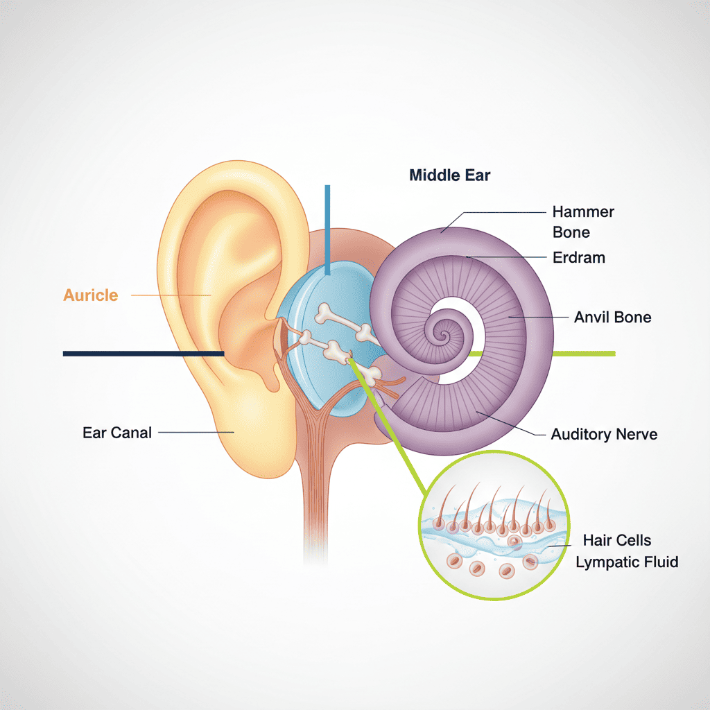 외이,중이,내이로 구성된 귀의 단면도 내이 쪽 달팽이관 안에 털세포(유모세포)와 림프액