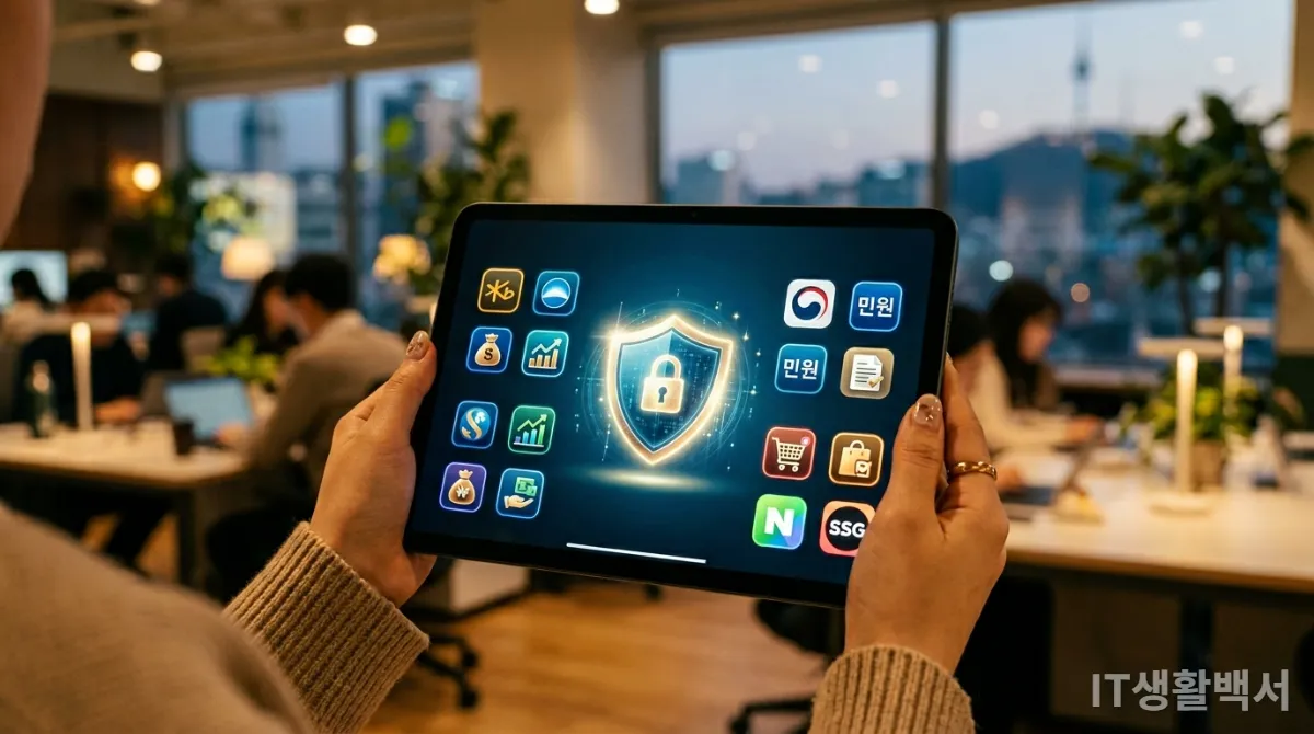 온라인 금융 거래와 정부 민원 서비스 아이콘이 표시된 화면