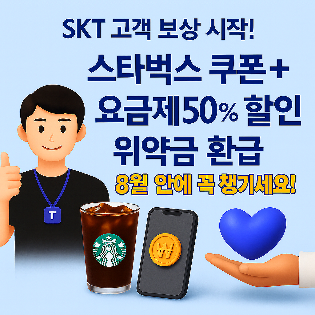 SKT 고객 보상 혜택 요약 이미지. 스타벅스 무료 쿠폰, 요금제 50% 할인, 위약금 환급을 안내하는 T멤버십 고객 감사제 썸네일