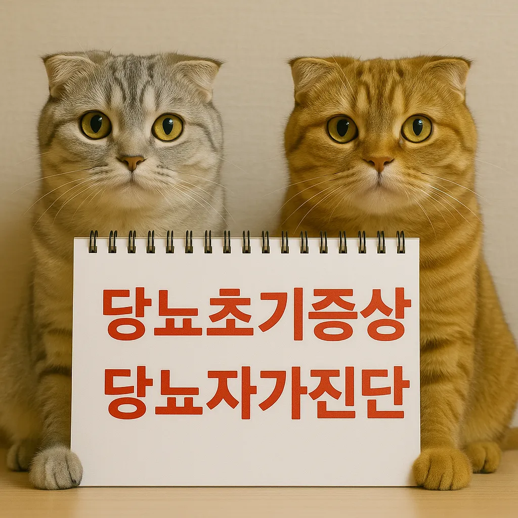 두 마리 고양이가 &quot;당뇨초기증상, 당뇨자가진단&quot;이라는 빨간색 글씨가 적힌 문구를 들고 있는 귀여운 모습.