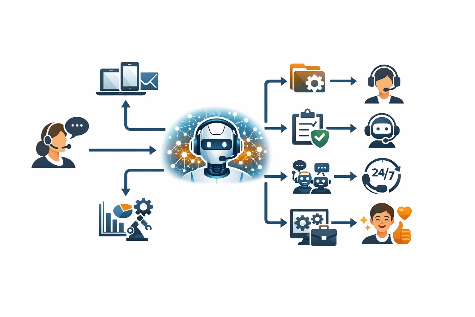 AI 고객센터 자동화가 작동하는 전체 흐름을 아이콘과 화살표로 정리한 다이어그램