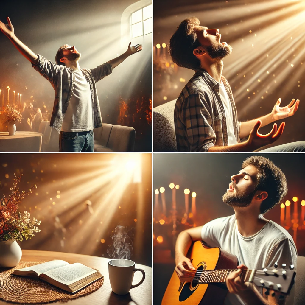 시편 96:1 말씀을 따라, 주님을 온전히 찬양하며 하루를 살아가는 모습이 담긴 이미지가 있습니다. 이 장면은 삶 자체가 찬양이 되고, 찬양을 통해 주님을 영화롭게 하는 것이 얼마나 귀한 삶인지 강조합니다. 🎶✨🙏