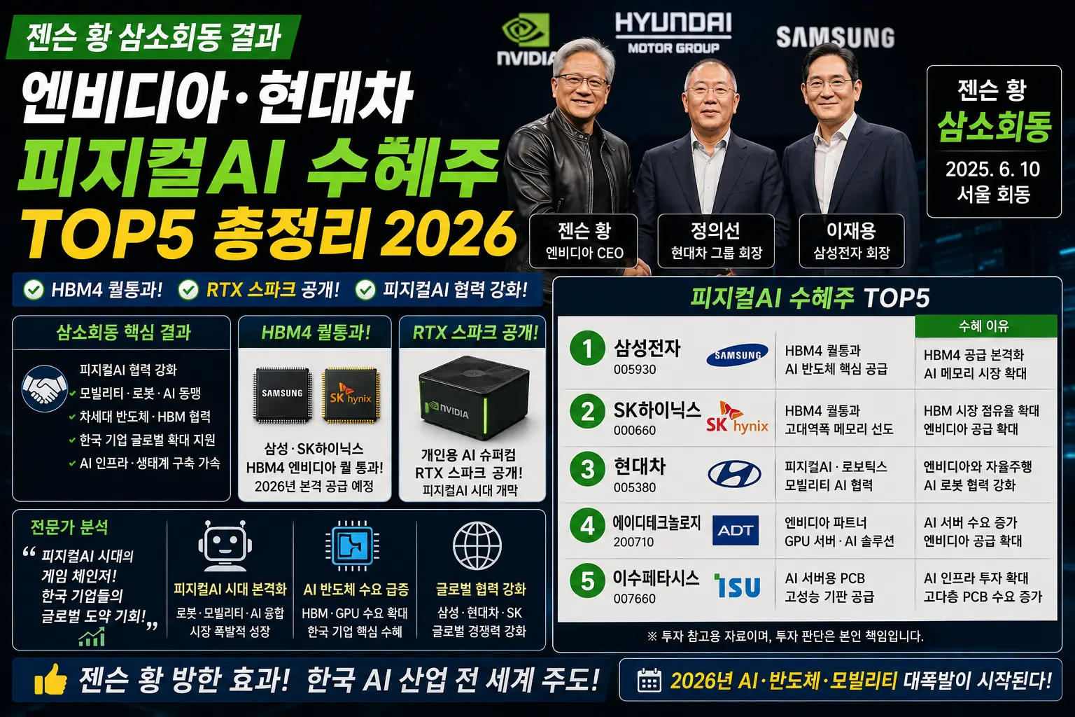 젠슨 황 삼소회동 결과 — 엔비디아·현대차 피지컬AI 수혜주 TOP5·HBM4 퀄통과·RTX스파크 총정리 2026