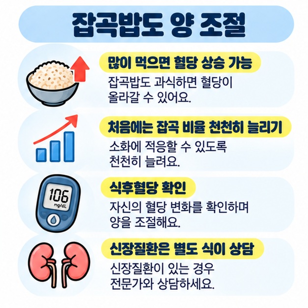 잡곡밥도 탄수화물이므로 많이 먹으면 혈당이 오를 수 있고 개인의 식후혈당과 신장질환 여부를 확인해야 함을 정리한 카드