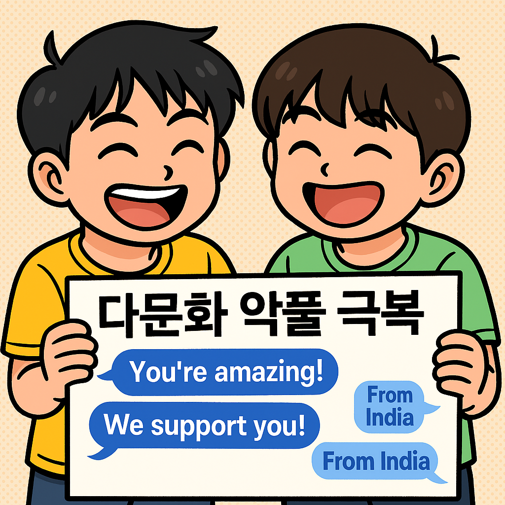 다문화 가정 혐오 발언을 극복하며 응원을 받고 웃고 있는 두 형제를 만화 스타일로 표현한 일러스트, 'You're amazing!' 메시지가 함께 있음