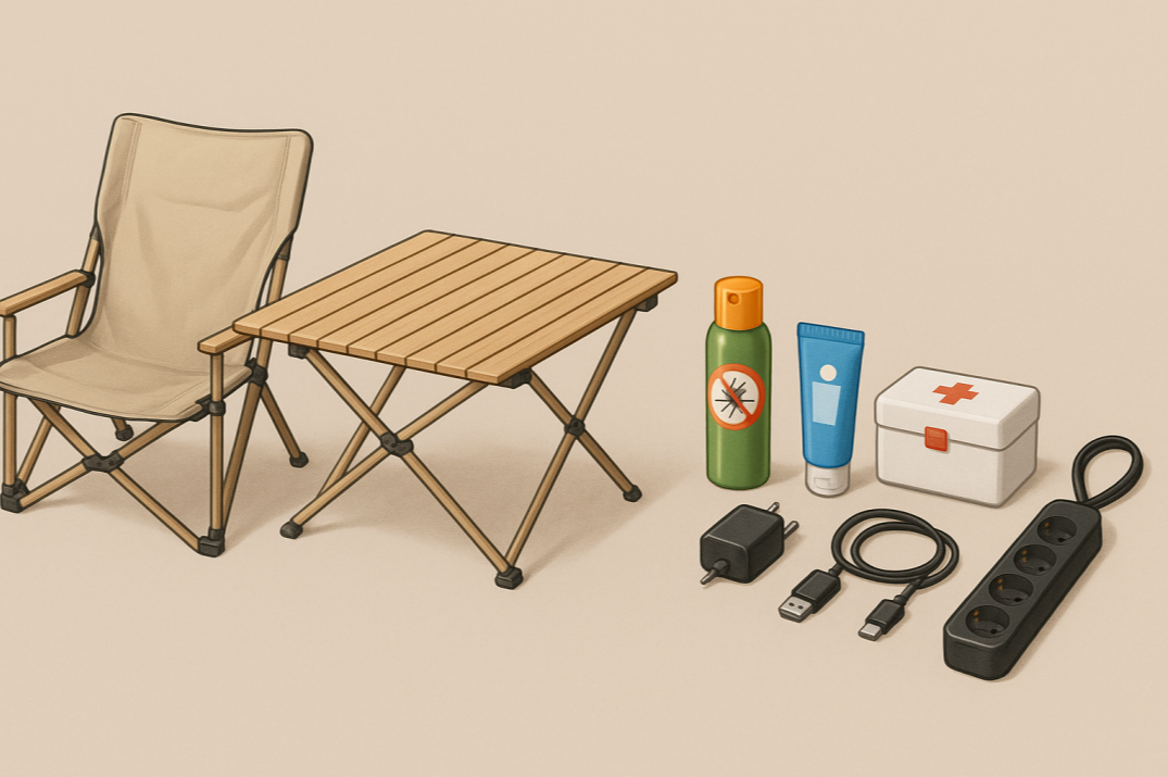 접이식 테이블과 의자, 멀티탭, 상비약, 벌레퇴치제 등 기타 필수 캠핑 용품