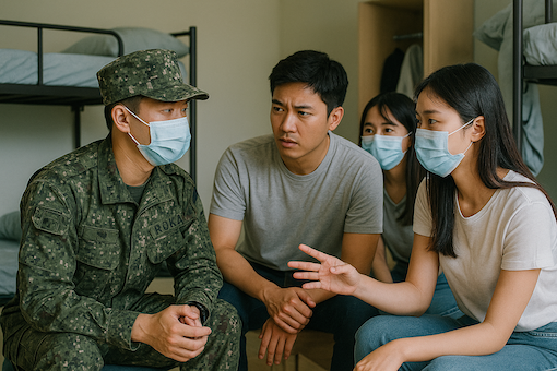 군복을 입은 한국인 군인과 대학생들이 기숙사에서 대화하는 장면, 일부 마스크 착용, 감염병 전파 위험 강조