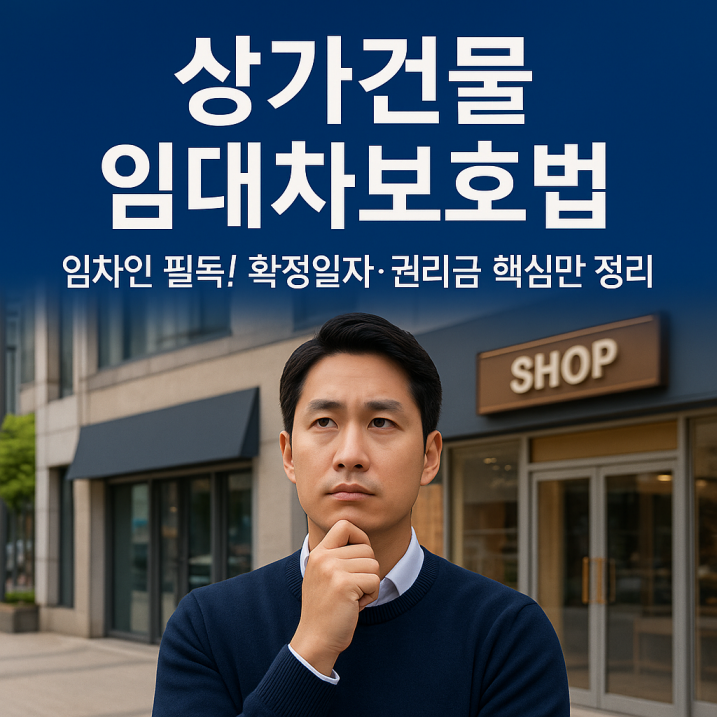 상가건물 임대차보호법을 주제로 한 실사형 썸네일 이미지로, 도시 상권 배경과 함께 임차인을 상징하는 인물이 등장하며, 확정일자·권리금·계약갱신 핵심 개념이 강조된 디자인.