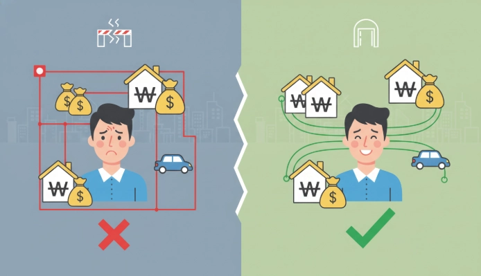 2025년 긴급복지 재산 기준 완화로 주택 등 자산 보유자의 지원 가능성이 높아진 것을 상징하는 이미지.