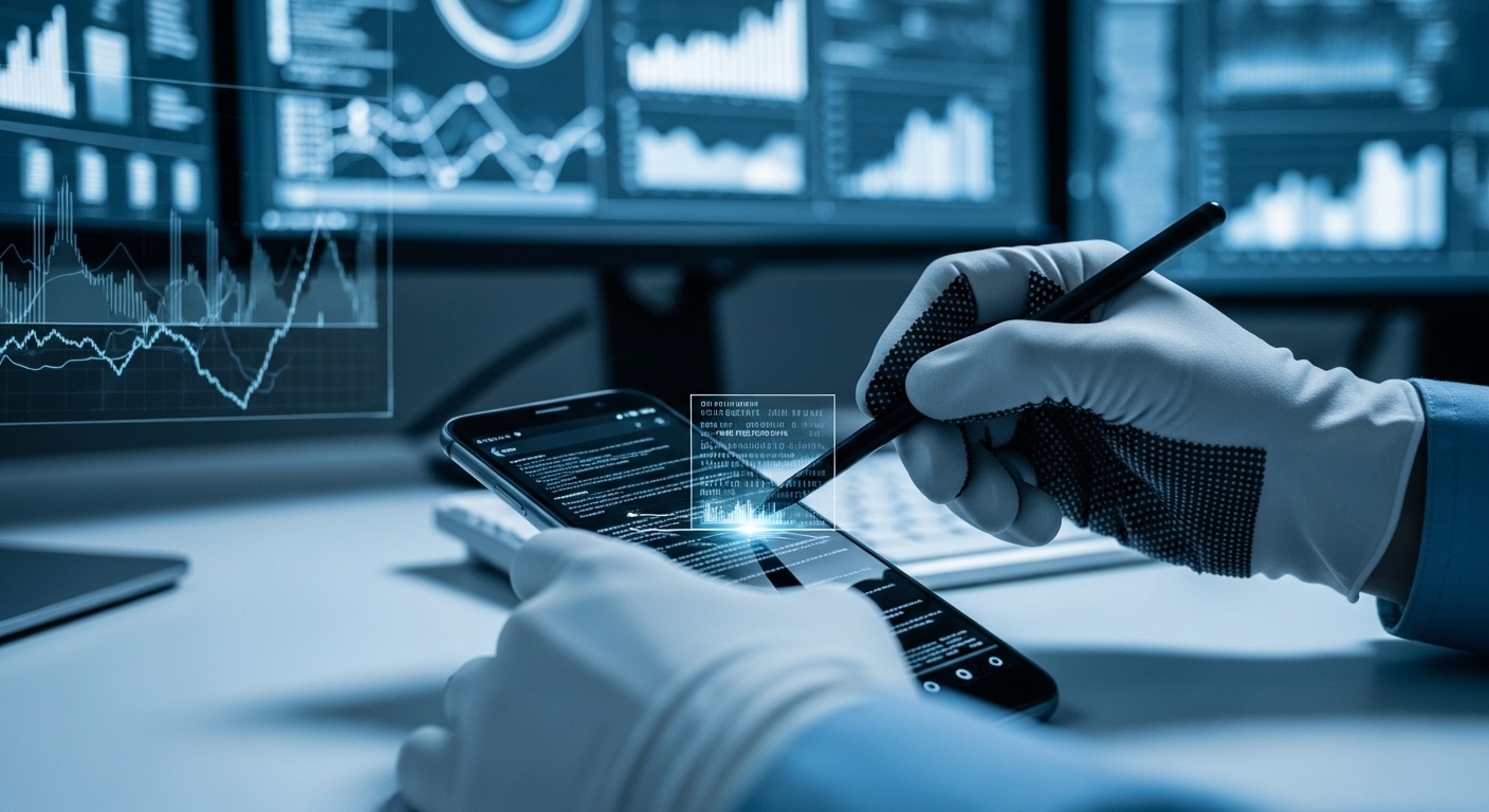 디지털 포렌식 전문가가 스마트폰 데이터를 분석하며 업무 관련 정보와 개인 정보를 분리하는 모습.