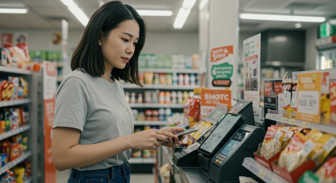 편의점에서 아이폰으로 결제하는 여성