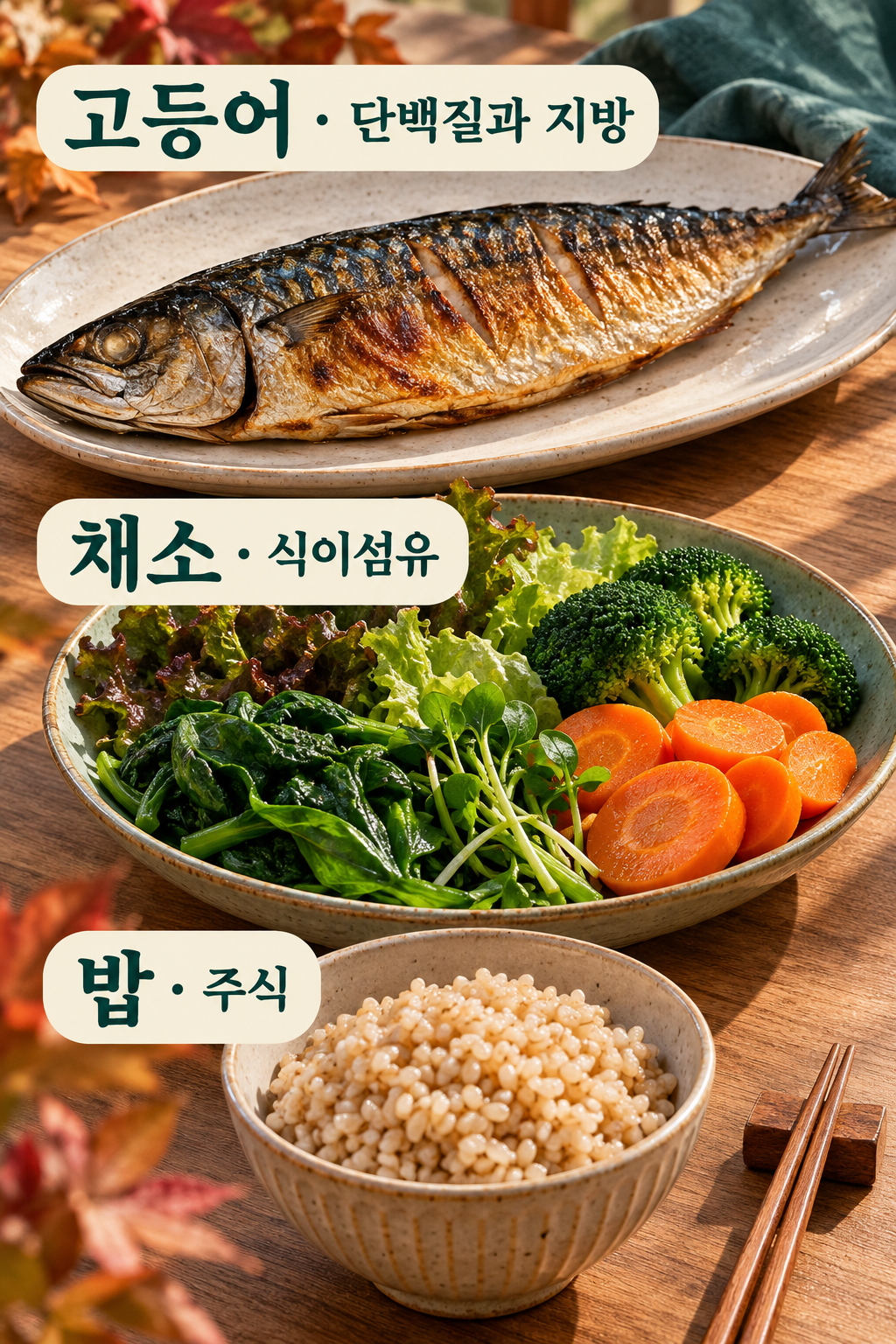 고등어와 채소&middot;밥을 각각 담아 서로 다른 식품군을 곁들이는 가을 식탁.