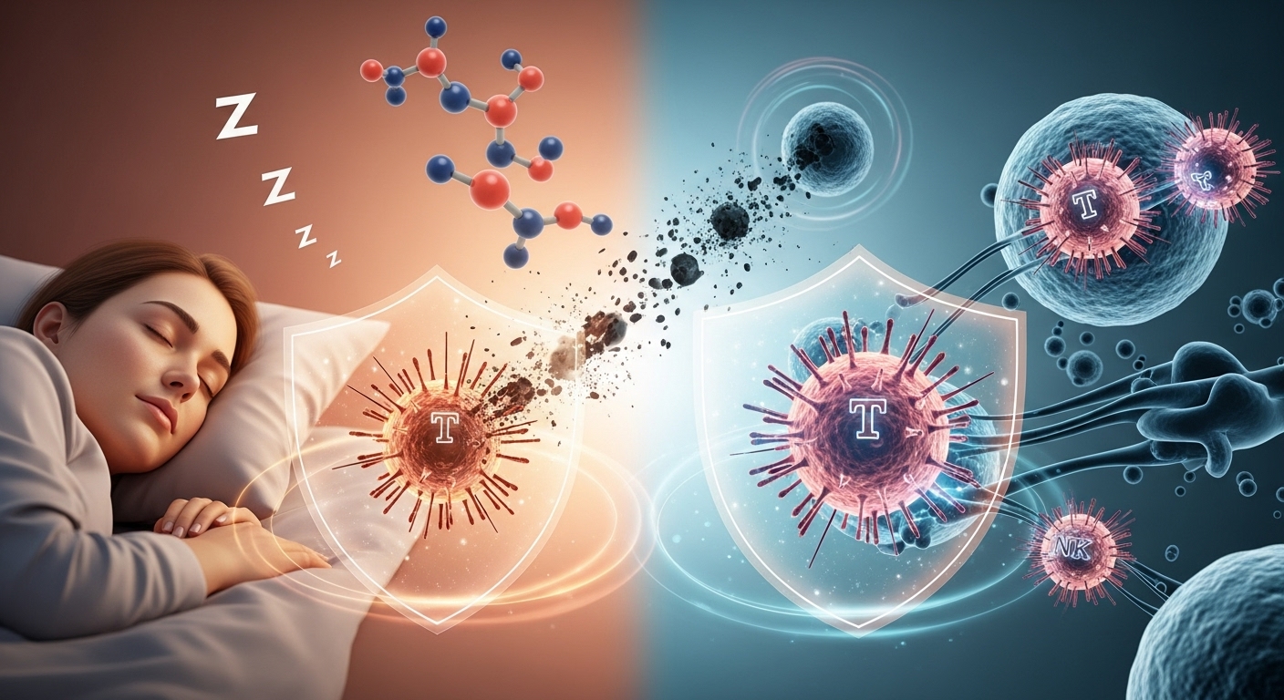 수면을 취하는 사람과 활발히 방어하는 면역 세포들, 그리고 활성산소를 제거하는 항산화 분자들이 조화롭게 표현된 멜라토닌의 다면적 효능 이미지