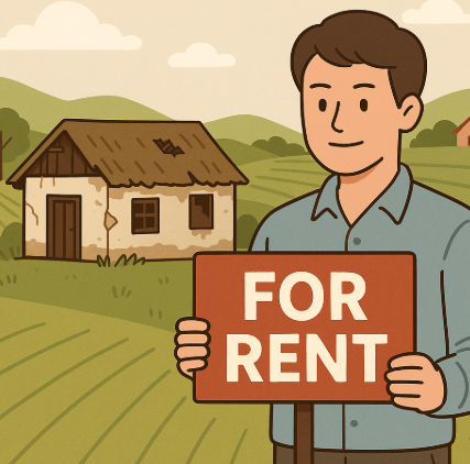 "귀농 빈집 임대 현황을 표현한 일러스트, 낡은 시골 집 앞에서 'FOR RENT' 표지판을 든 사람이 서 있는 모습"