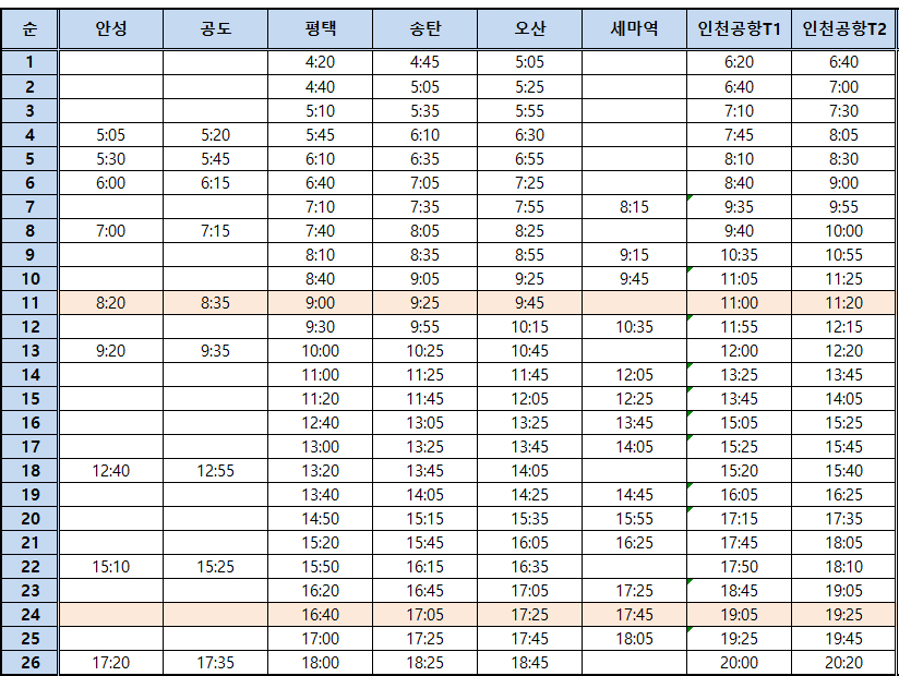 8834번 공항버스-시간표