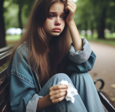 공원에 앉아 울고있는 여자 사진