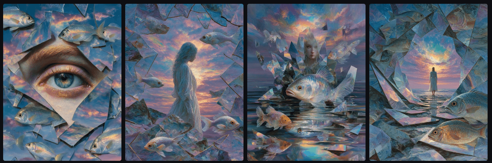 Surreal 스타일 기묘한 반사와 물고기 이미지 예시_Midjourney