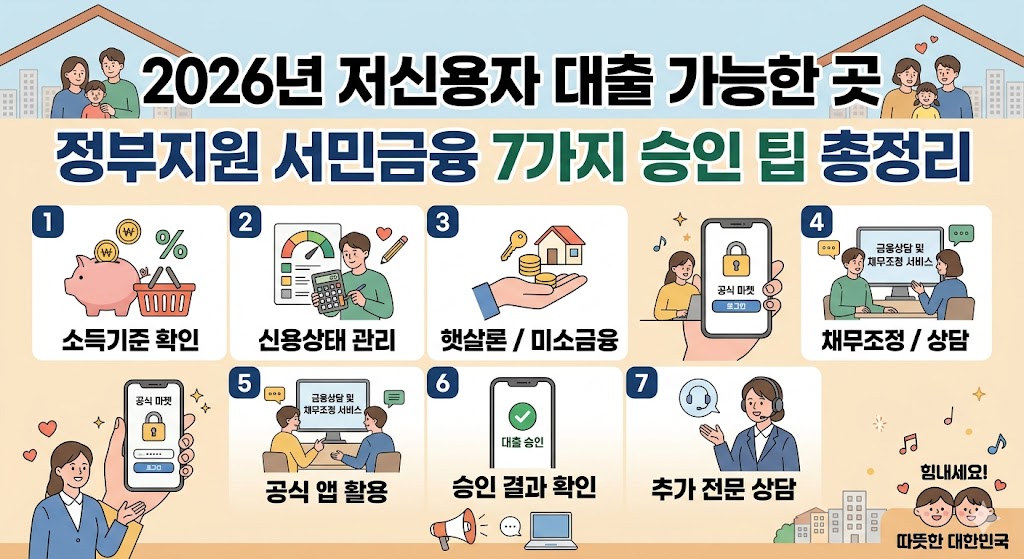 상단에 '2026년 저신용자 대출 가능한 곳 정부지원 서민금융 7가지 승인 팁 총정리'라는 큰 글씨가 적혀 있고, 하단에는 소득기준 확인, 신용상태 관리, 공식 앱 활용 등 대출 승인 확률을 높이는 7가지 방법이 깔끔한 일러스트 아이콘과 번호로 정렬된 티스토리 블로그용 썸네일 이미지