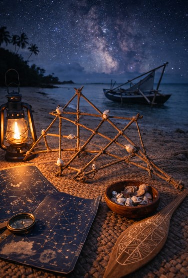 태평양 마셜 제도 전통 항해 문화에서 사용된 항해 도구와 별자리 지도를 재현한 이미지입니다.