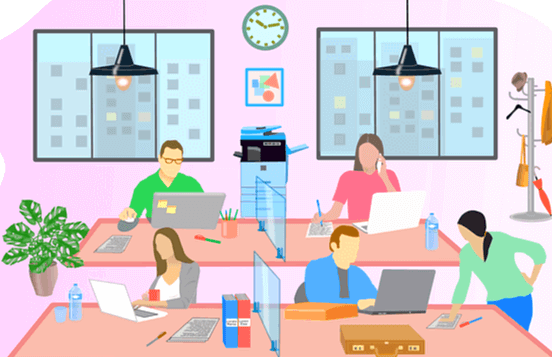 사무실에서 일하는 풍경으로 5명의 직원들이 책상 의자에 앉아 노트북을 보면서 일하고 있다.