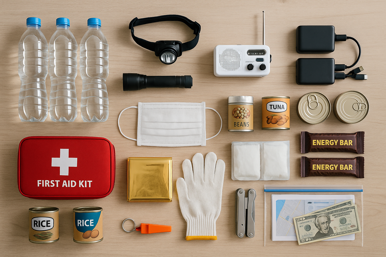 “72시간 대비 가정 비상 꾸러미: 물 500mL, 헤드램프, 휴대 라디오, 보조배터리, 구급함, 통조림·즉석식, 비상담요, 문서·현금 구성”