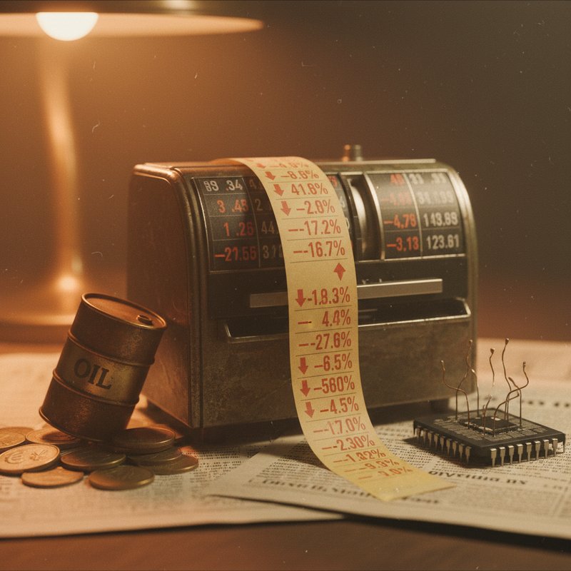 국내 증시 하락의 복합 원인을 보여주는 낡은 시세표와 경제 상징들, 아날로그 필름 감성, 따뜻한 빈티지 분위기.