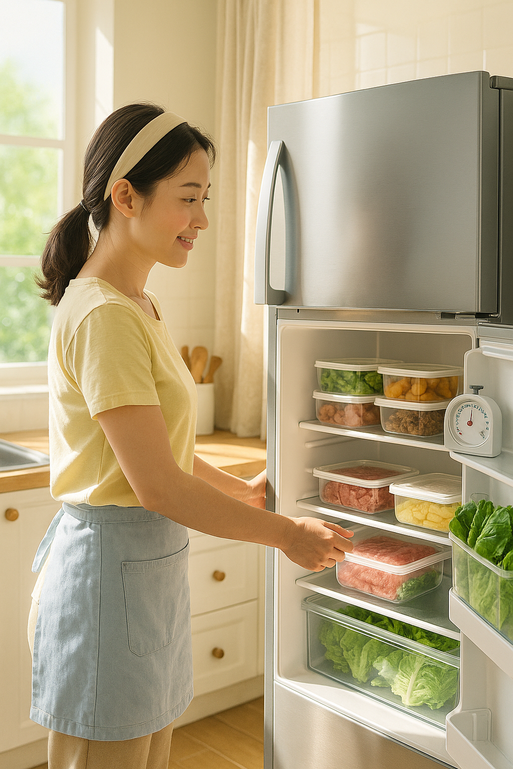무더운 여름철, 깔끔한 한국 가정의 주방. 냉장고 문을 여는 주부의 모습