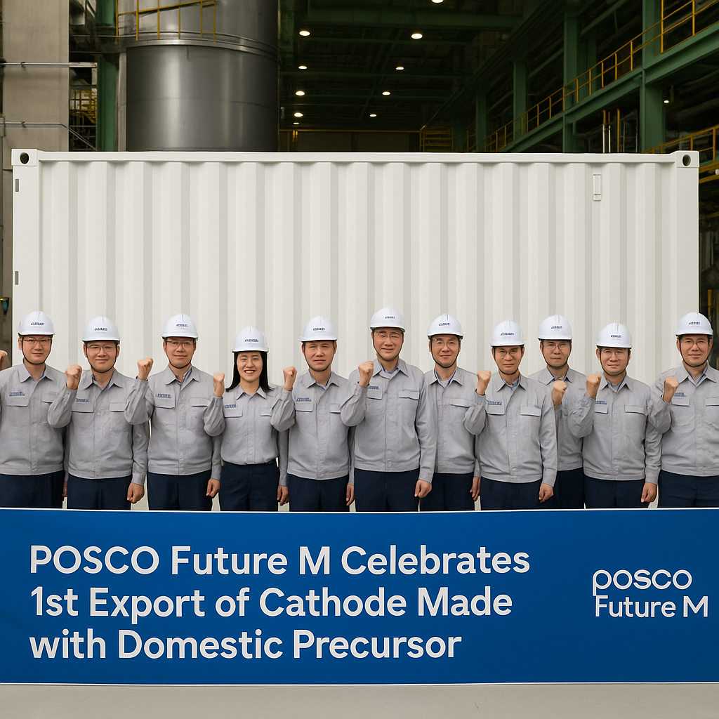 포스코퓨처엠 직원들이 국산 전구체 양극재 미국 첫 수출을 기념하는 단체 사진