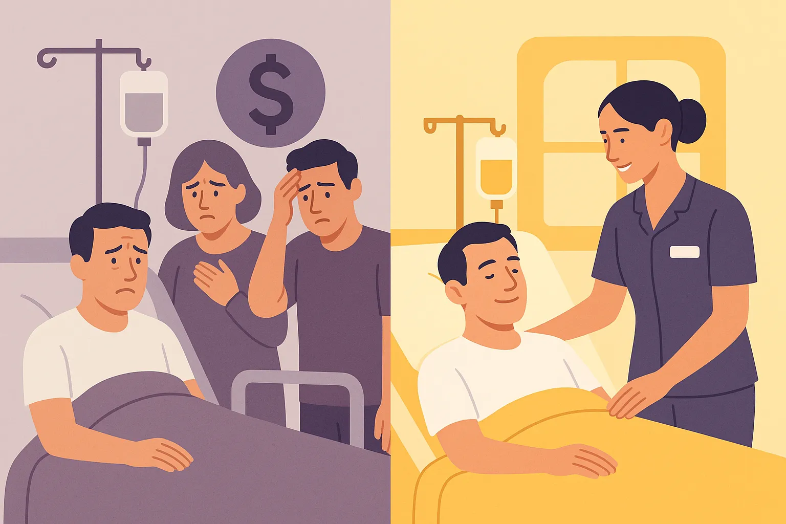 "간병인 보험으로 돌봄 공백을 메우는 병실 장면 인포그래픽"