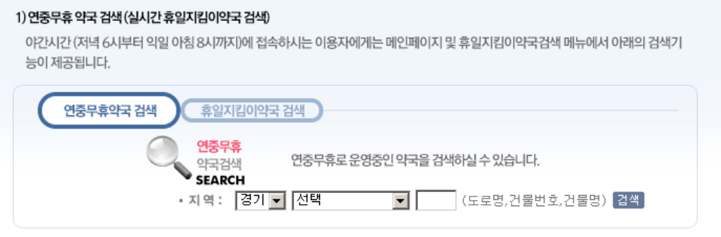 24시간 약국, 일요일 약국(휴일지킴이, 연중무휴약국)