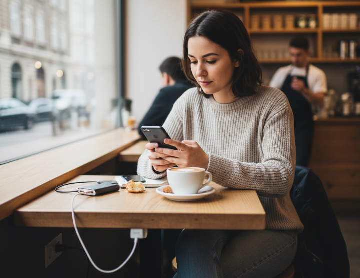카페에서 보조배터리를 충전하는 여성