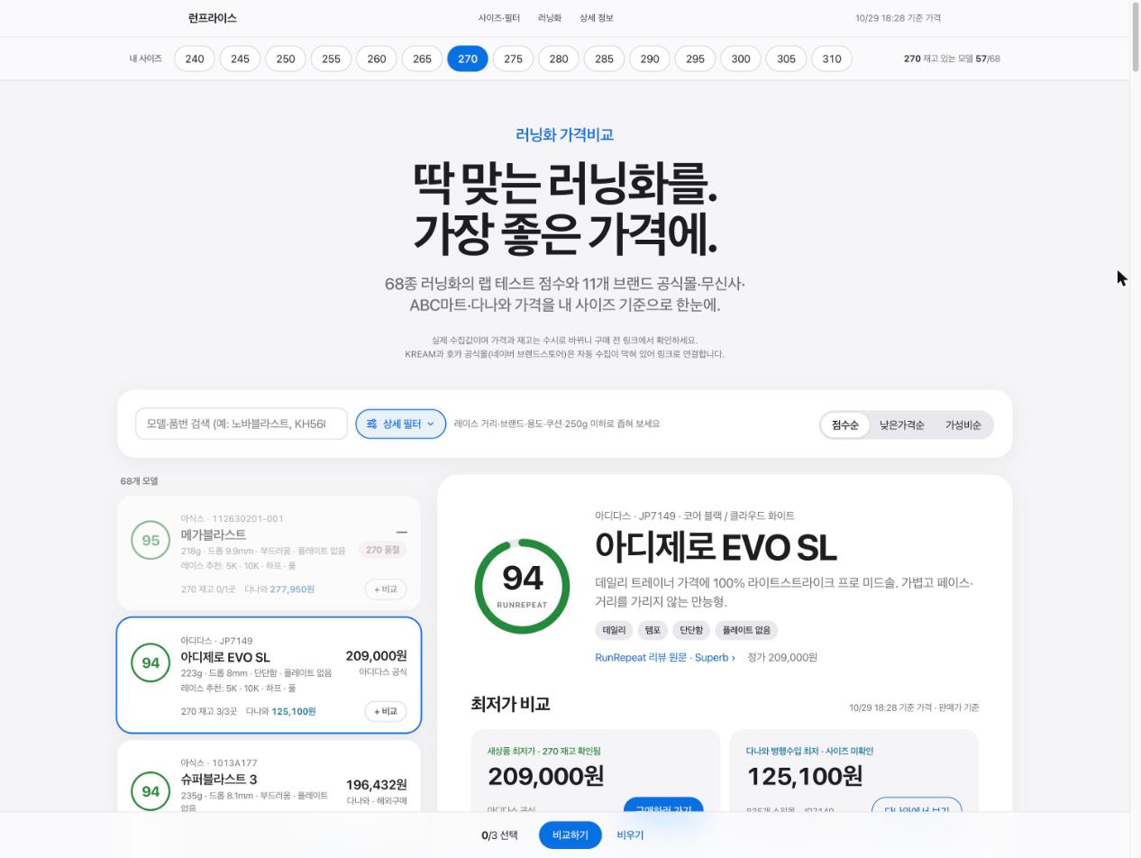 러닝화 가격비교 사이트 런프라이스 첫 화면