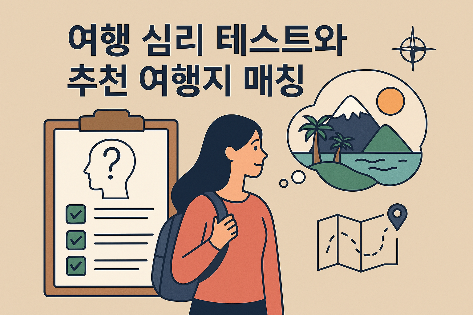 &quot;여행 심리 테스트와 추천 여행지 매칭”이라는 문구 아래, 심리 테스트 클립보드와 배낭을 멘 여성이 여행지를 상상하고 있는 일러스트