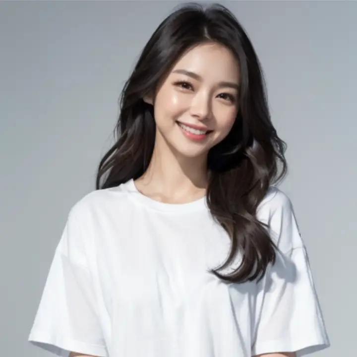 검은 색 자연스러운 웨이브 머리 이국적인 이목구비에 붉은 입술과 흰 피부를 가진 흰 티셔츠의 여성