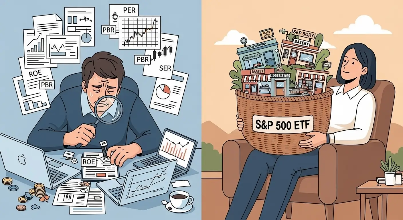 개별 종목 분석의 어려움 대신, S&P 500 ETF 투자를 통해 시장 전체의 펀더멘털에 투자하는 모습