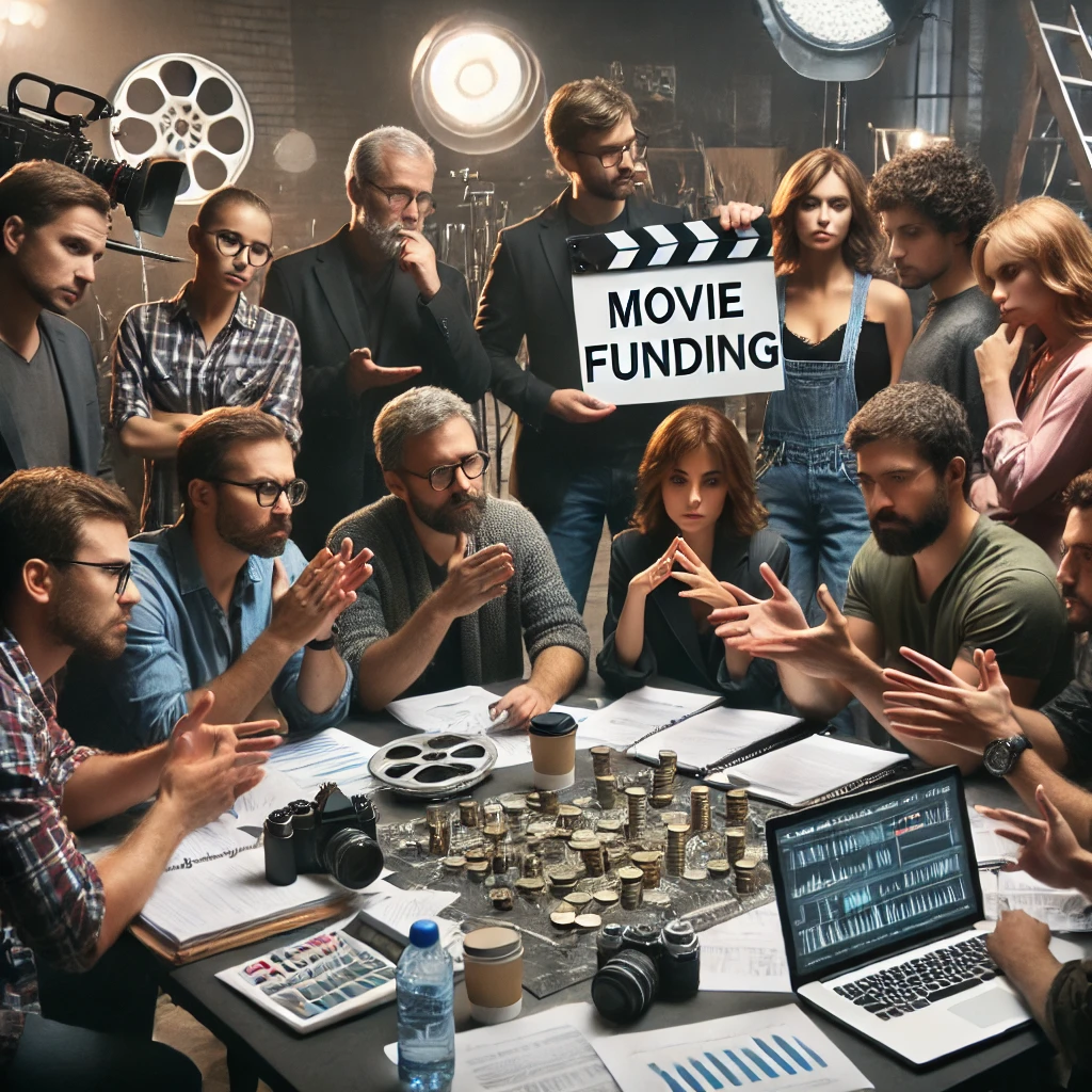 영화 스태프들과 제작사들이 모여서 영화 예산에 대해서 이야기 하고 있는 사진