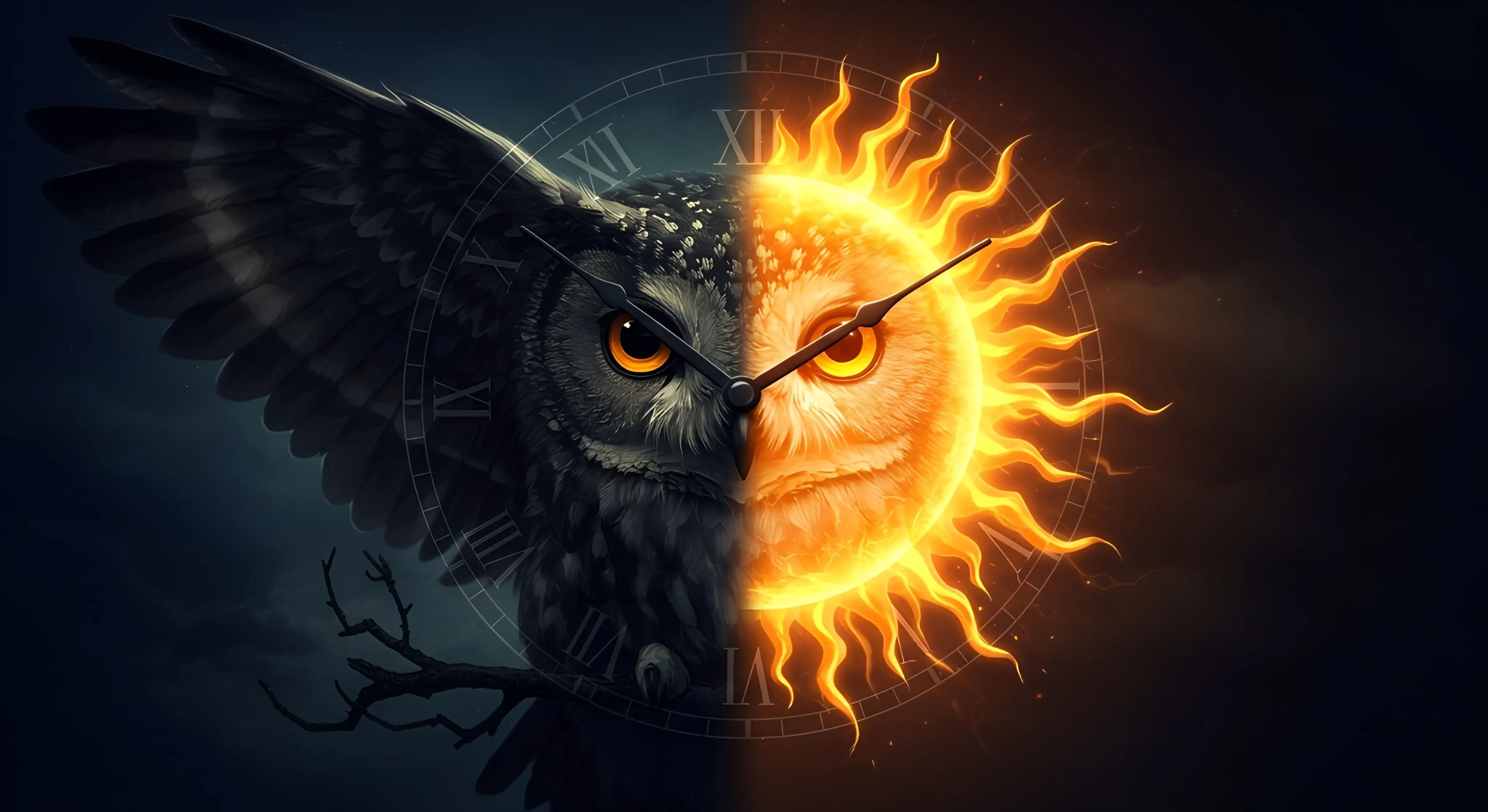 어두운 배경 속 나뭇가지 위 올빼미(저녁형 크로노타입)가 시계 형상을 따라 밝게 타오르는 태양(아침형 크로노타입)으로 변화하는 이미지입니다. 이는 타고난 올빼미형도 생체시계를 성공적으로 리셋하여 '알람 없이 눈 뜨는' 아침형 인간으로 거듭날 수 있다는 기적적인 변화와 그 비밀을 시각적으로 상징합니다.