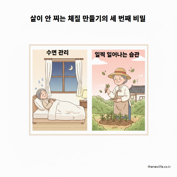 숙면과 일찍 일어나는 생활습관으로 살 안 찌는 체질을 유지하는 어머니의 모습