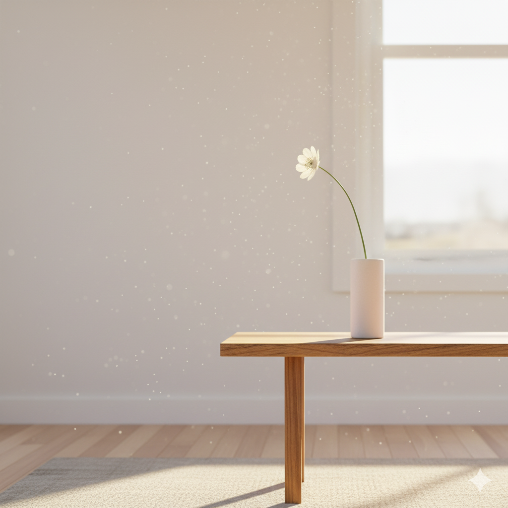 햇살이 가득한 깨끗한 방, 원목 테이블 위 화병에 꽂힌 한 송이 들꽃.