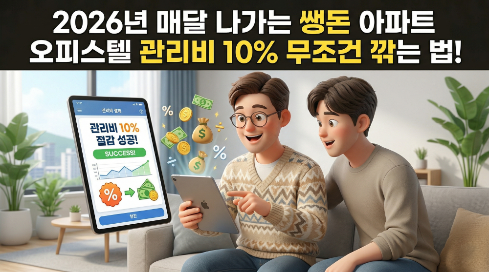 아파트 오피스텔 관리비 할인 방법을 설명하는 모습을 연출한 캐릭터 이미지