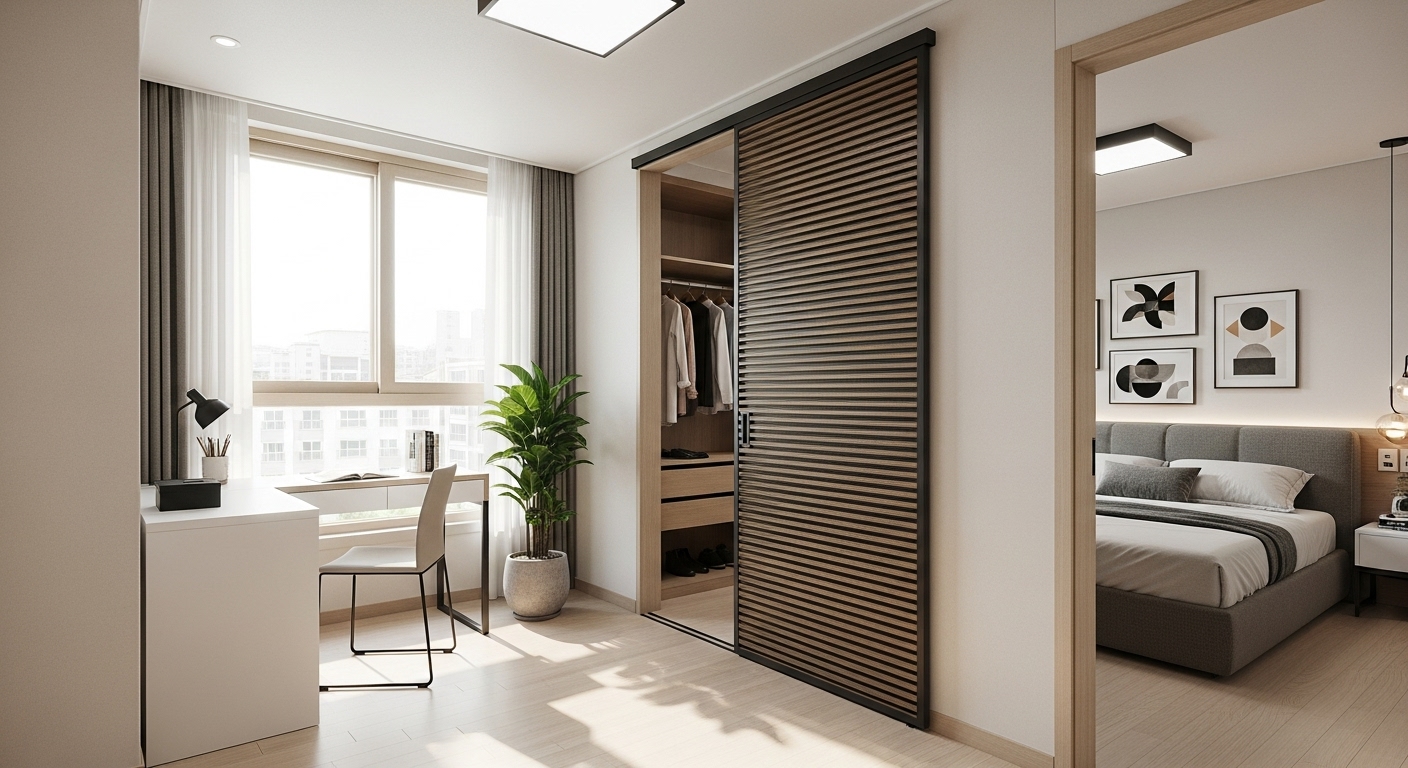 서초구 신축 쓰리룸 아파트의 세련된 침실. 공간 활용을 극대화한 슬라이딩 도어가 돋보이며, 아늑한 분위기를 연출합니다.(이해를 돕기 위해 첨부된 이미지이며, 본문 내용과 무관합니다.)