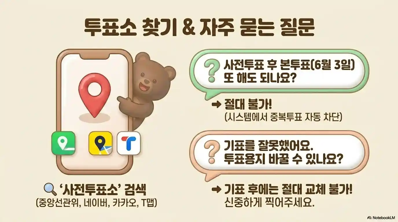 사전투표소 찾기 중앙선관위 네이버 카카오 T맵 검색 방법 - 사전투표 후 본투표 6월 3일 중복 불가 FAQ