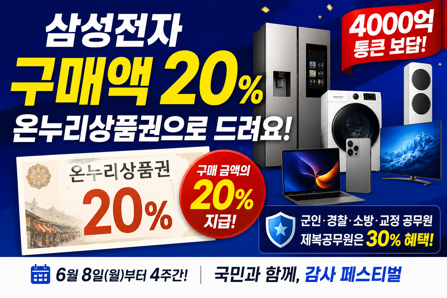 삼성전자 감사 페스티벌에서 제품 구매액의 20%를 온누리상품권으로 돌려주는 혜택과 제복공무원 30% 추가 혜택을 표현한 생활경제 정보 이미지