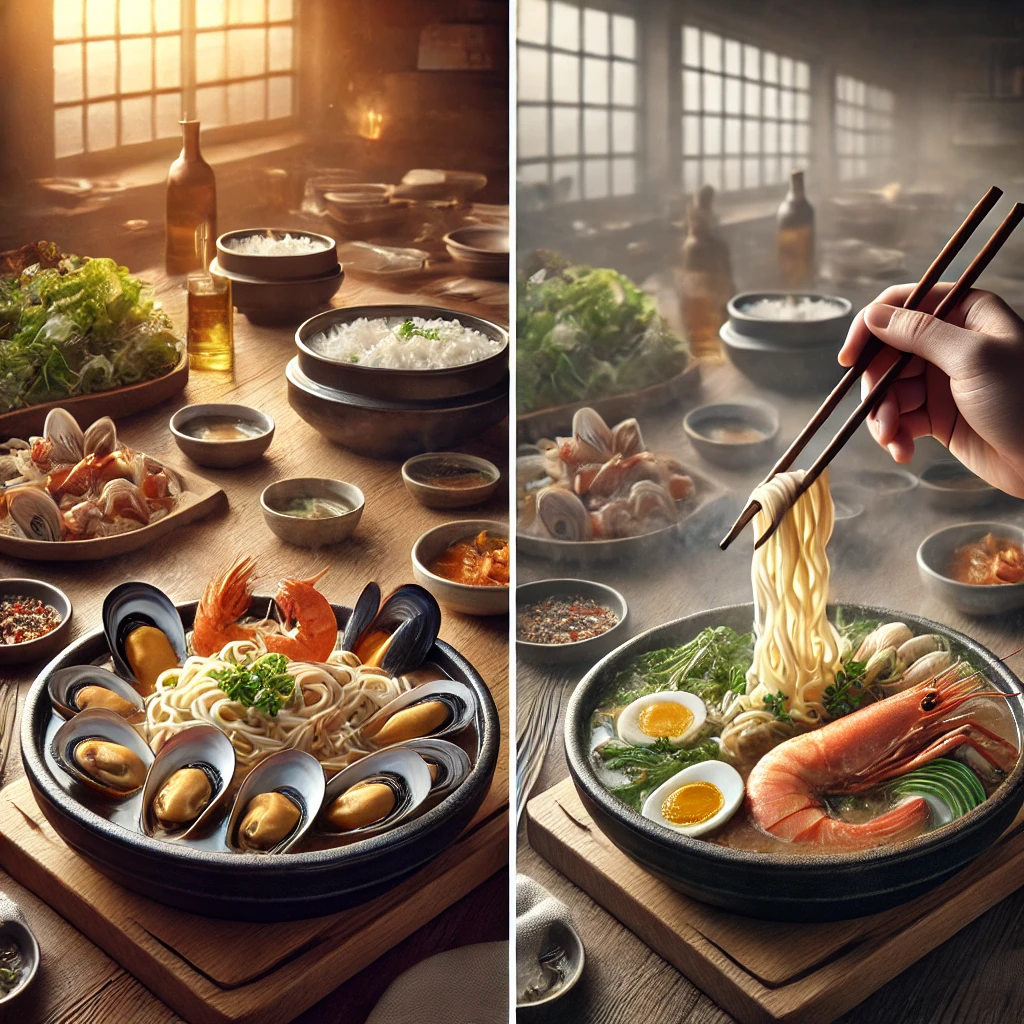 두 가지 스타일(해물 vs 샤브샤브)을 조화롭게 구성한 실제 음식 사진 느낌