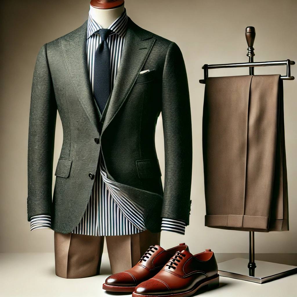 다크 세이지 컬러 셋업 + 스트라이프 셔츠 + 라이트 브라운 옥스퍼드화