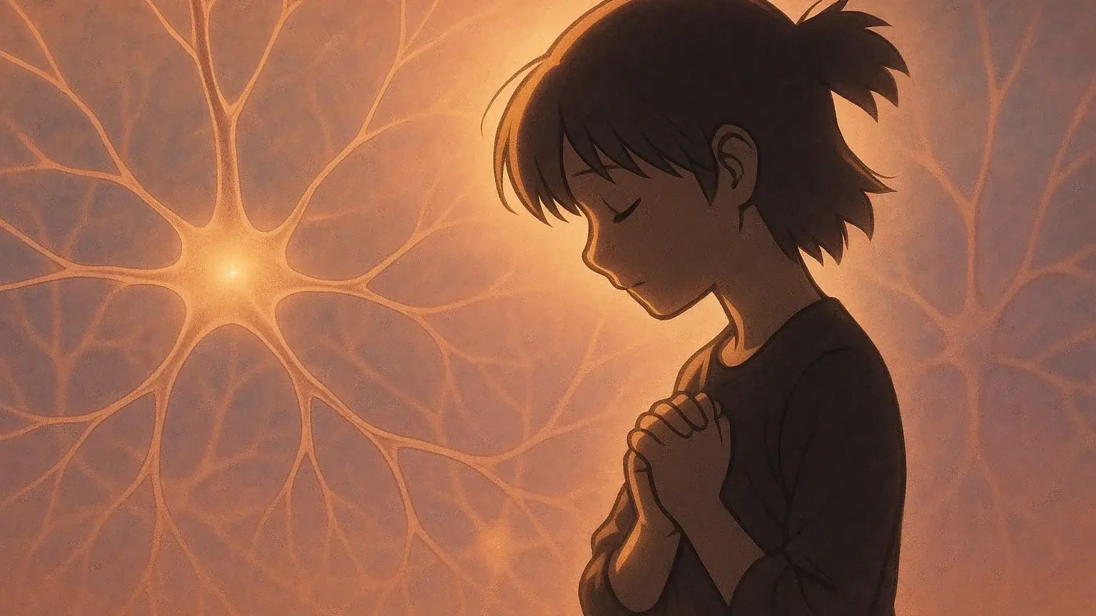 뇌 신경세포가 빛나며 연결되는 모습과 감사하는 사람의 실루엣이 어우러진 따뜻한 이미지