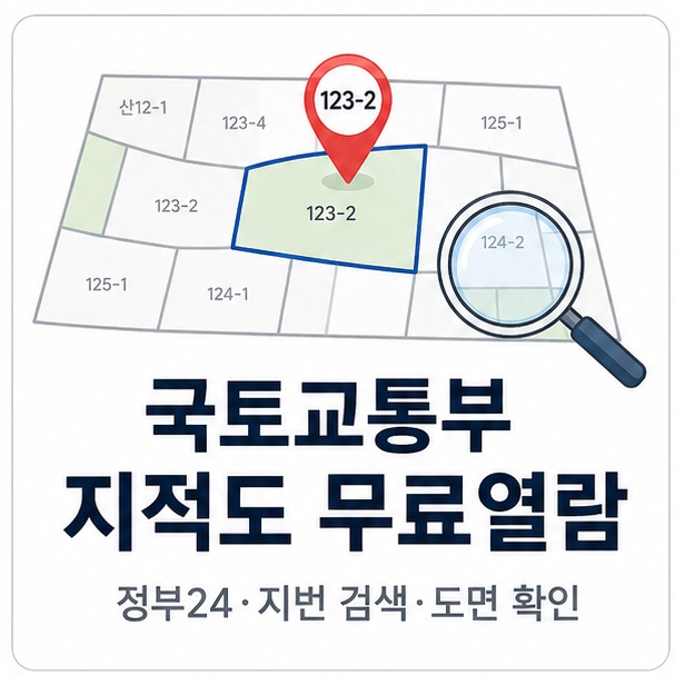국토교통부 지적도 무료열람을 상징하는 토지 지도와 지번 검색 인포그래픽